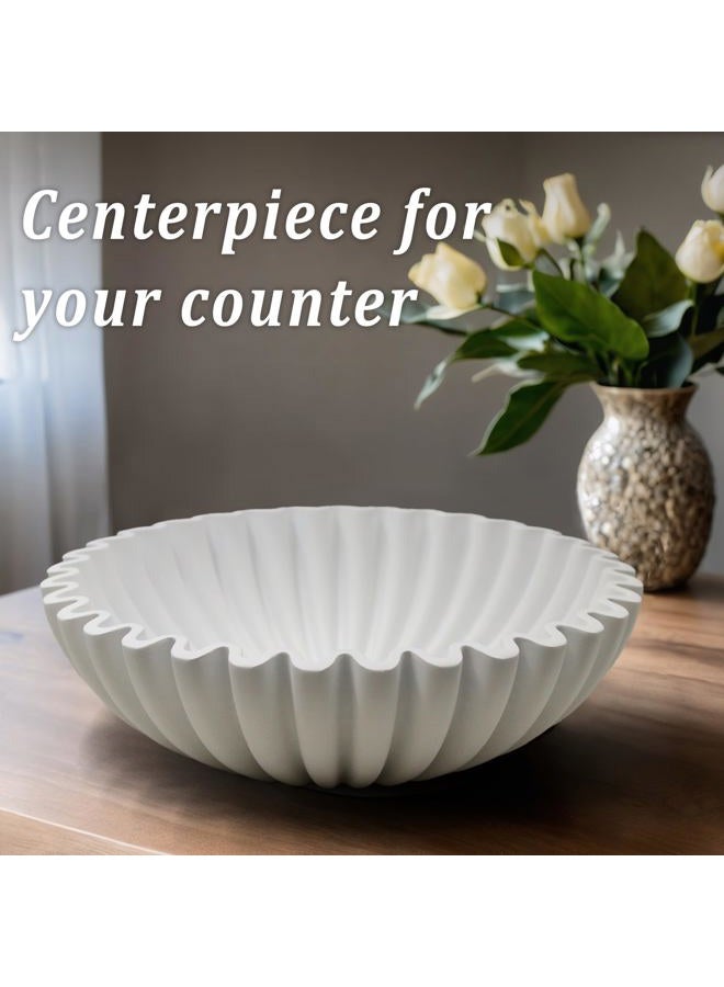 LIN CHUAN Ruffle Decorative Bowl, Large Fruit Bowl for Kitchen Counter, Stylish Key Bowl for Entry Table, Handcrafted Home Decor Display bowl, White - Image 3