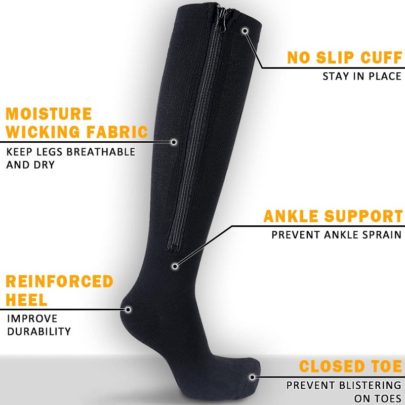 Casmon 2 Pairs Zipper Compression Socks For Women & Men 15-20 Mmhg Closed Toe Knee High Support Sock For Varicose Vein Edema - Image 4