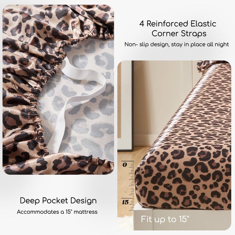 MR&HM Satin Bed Sheets with Elastic Corner Straps, King Size Sheets Set, 4 Pcs Silky Bedding Set with 15 Inches Deep Pocket for Mattress (King, Brown Leopard) - Image 4