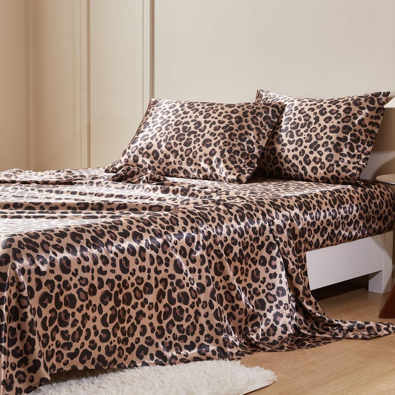 MR&HM Satin Bed Sheets with Elastic Corner Straps, King Size Sheets Set, 4 Pcs Silky Bedding Set with 15 Inches Deep Pocket for Mattress (King, Brown Leopard) - Image 1