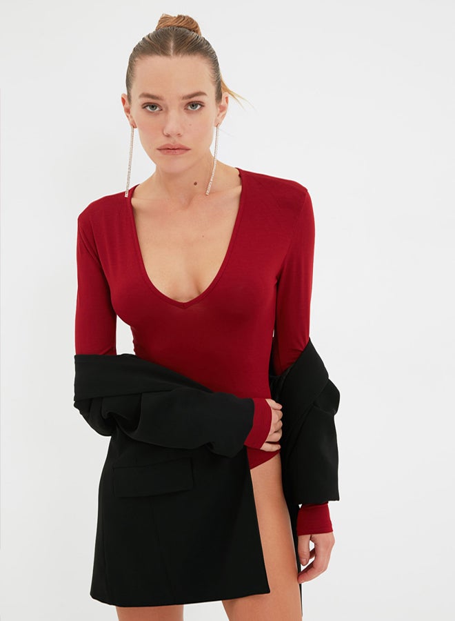 trendyol Burgundy Knitted Deep V Neck Studded Bodysuit TPRAW22BD0084 - Image 4