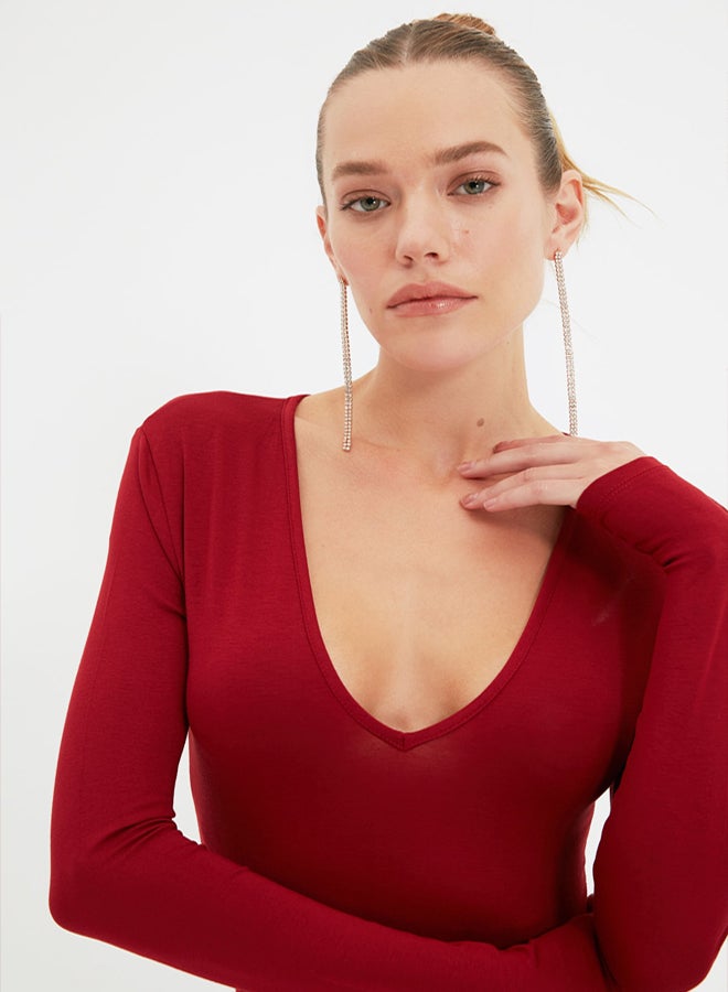 trendyol Burgundy Knitted Deep V Neck Studded Bodysuit TPRAW22BD0084 - Image 1
