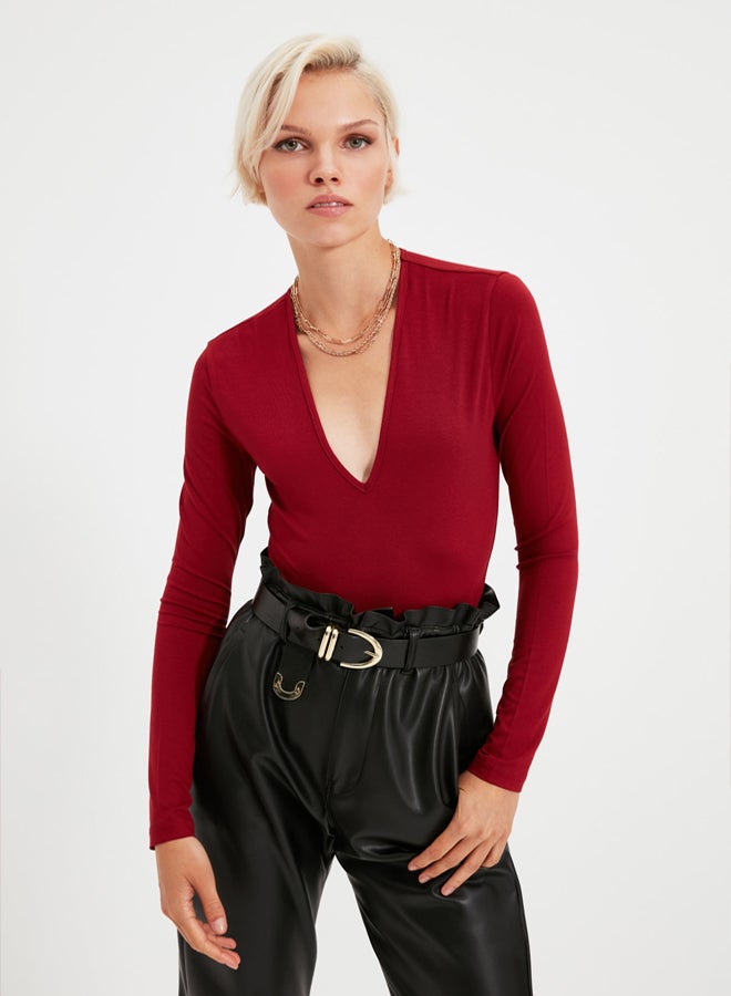 trendyol Burgundy Knitted Deep V Neck Studded Bodysuit TPRAW22BD0084 - Image 5