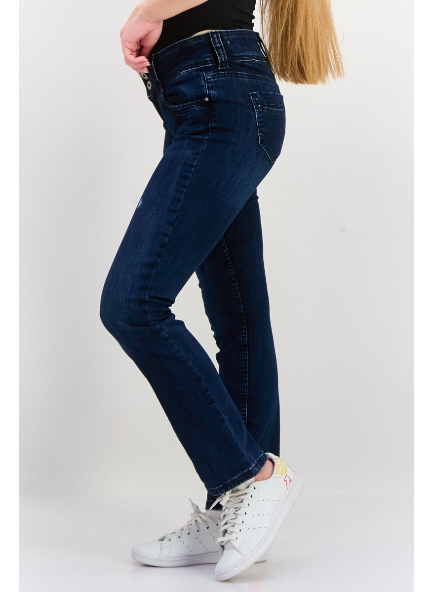 Pepe Jeans Women Straight Washed Stretchable Jeans, Dark Denim  - Image 3