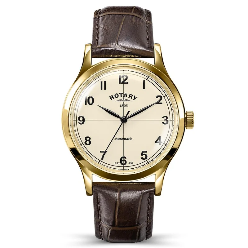 روتاري ساعة Rotary 1895 الرجالية الأوتوماتيكية من الفولاذ المقاوم للصدأ المطلي بالذهب مع حزام جلدي بني - RGS10082/03