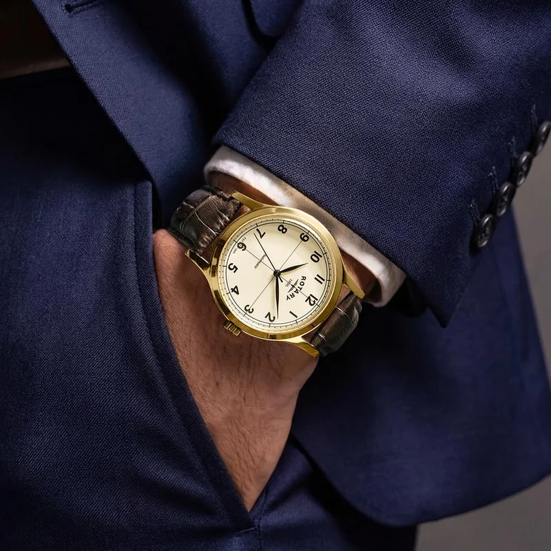 Rotary  Rotary Men's 1895 Automatic Gold Plated Stainless Steel Brown Leather Strap Watch - RGS10082/03 for Men | Best Price UAE