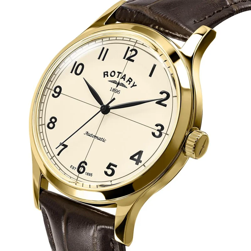 روتاري ساعة Rotary 1895 الرجالية الأوتوماتيكية من الفولاذ المقاوم للصدأ المطلي بالذهب مع حزام جلدي بني - RGS10082/03