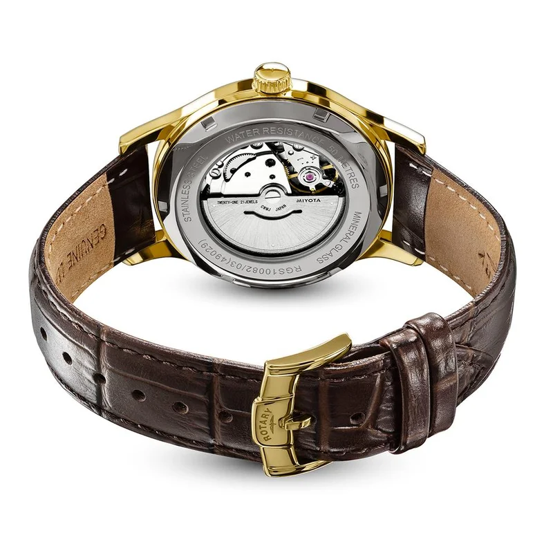 Rotary  Rotary Men's 1895 Automatic Gold Plated Stainless Steel Brown Leather Strap Watch - RGS10082/03 for Men | Best Price UAE