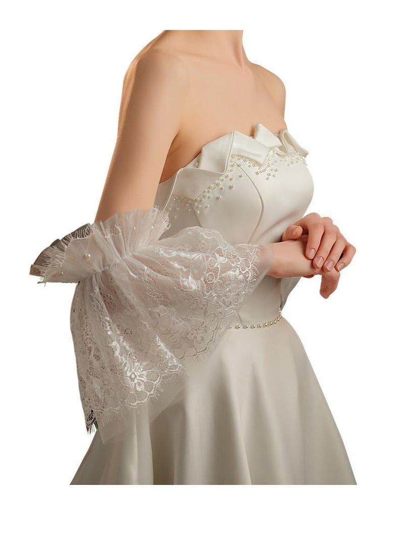 Captaintech Bridal Lace Gloves, Ladies Lace Gloves, White Pearl Tulle Wedding Gloves Summer Floral Courtesy for Women Hallowmas, Opera Prom, Party Costume Accessory, Party Dressy Favors - Image 1