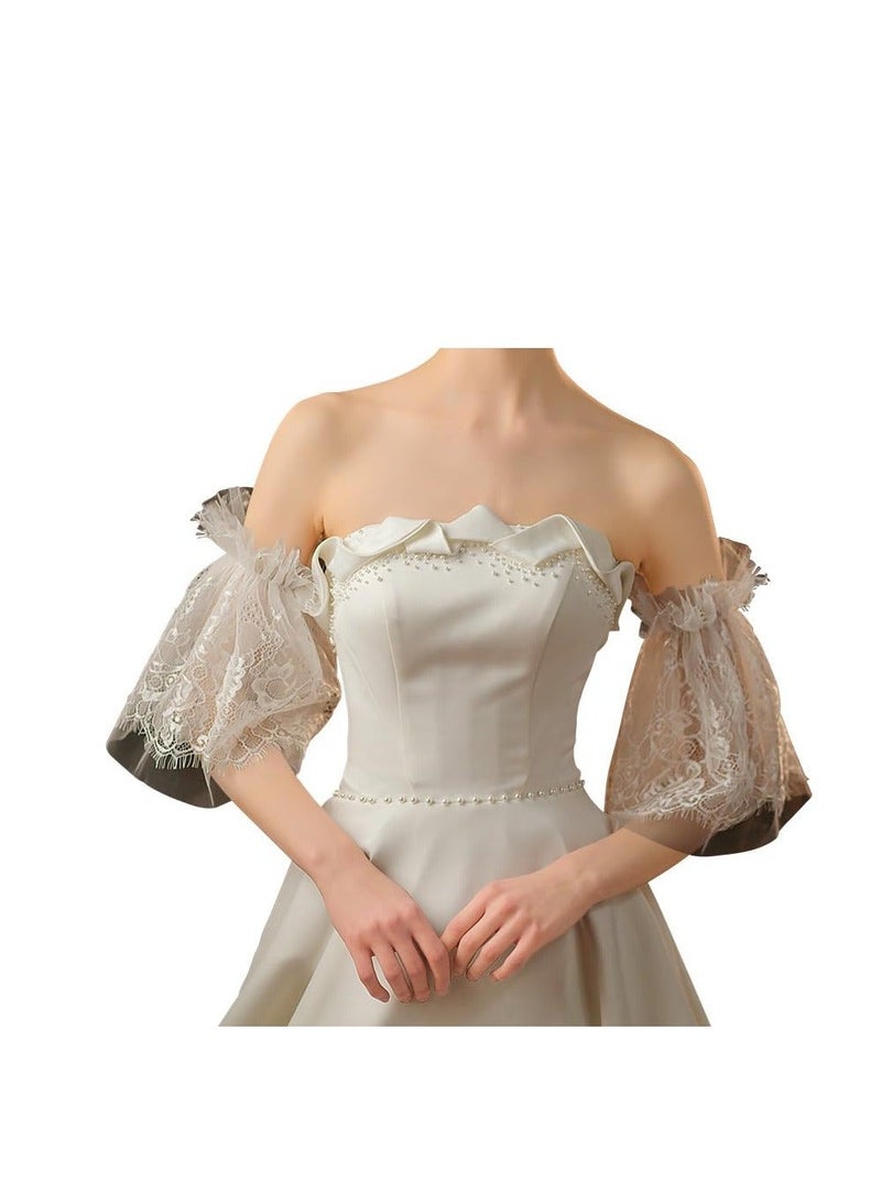 Captaintech Bridal Lace Gloves, Ladies Lace Gloves, White Pearl Tulle Wedding Gloves Summer Floral Courtesy for Women Hallowmas, Opera Prom, Party Costume Accessory, Party Dressy Favors - Image 2