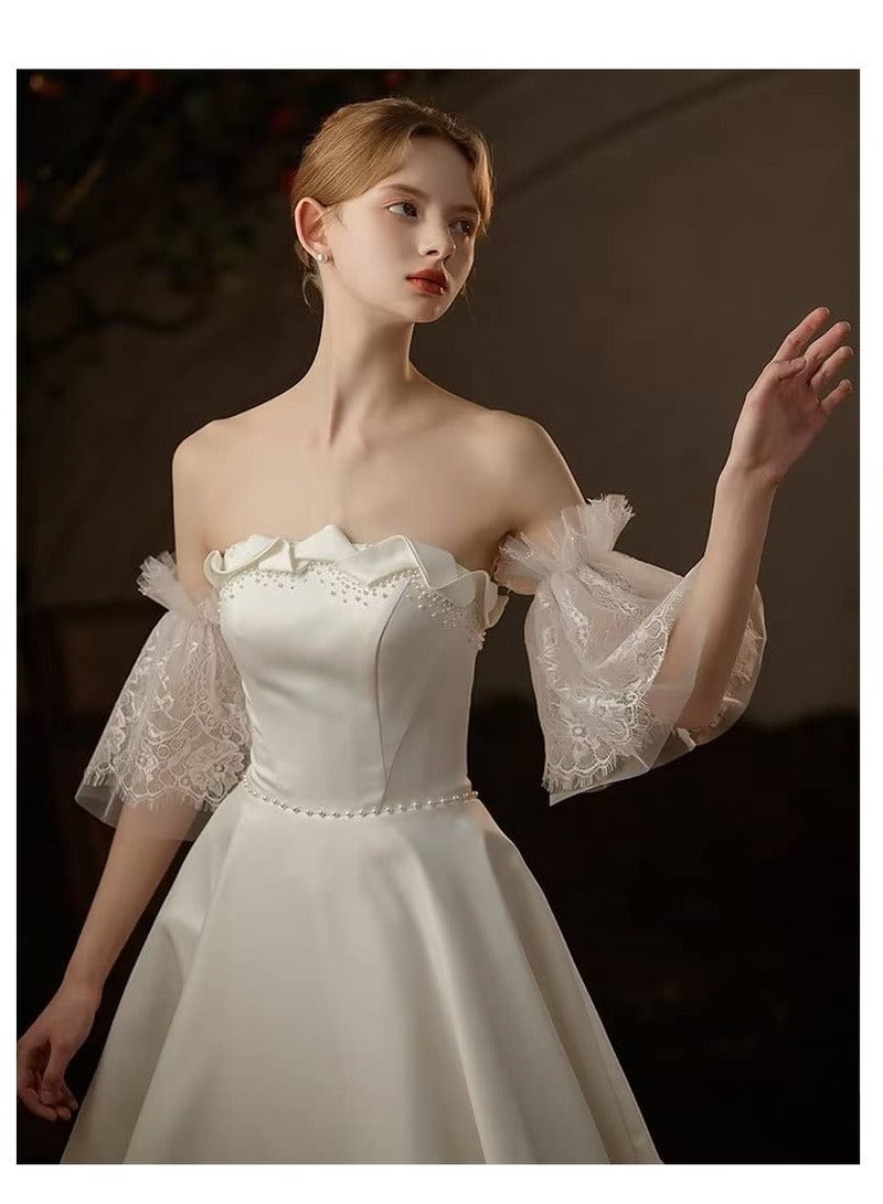 Captaintech Bridal Lace Gloves, Ladies Lace Gloves, White Pearl Tulle Wedding Gloves Summer Floral Courtesy for Women Hallowmas, Opera Prom, Party Costume Accessory, Party Dressy Favors - Image 3