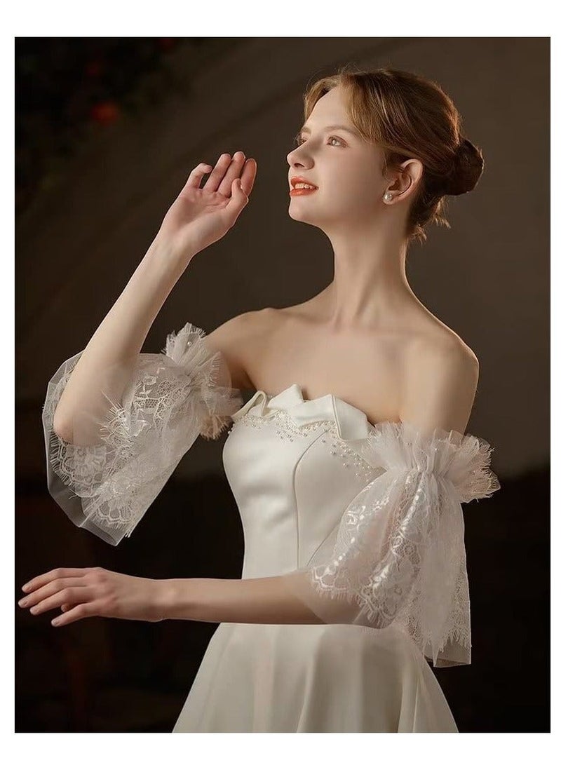 Captaintech Bridal Lace Gloves, Ladies Lace Gloves, White Pearl Tulle Wedding Gloves Summer Floral Courtesy for Women Hallowmas, Opera Prom, Party Costume Accessory, Party Dressy Favors - Image 5