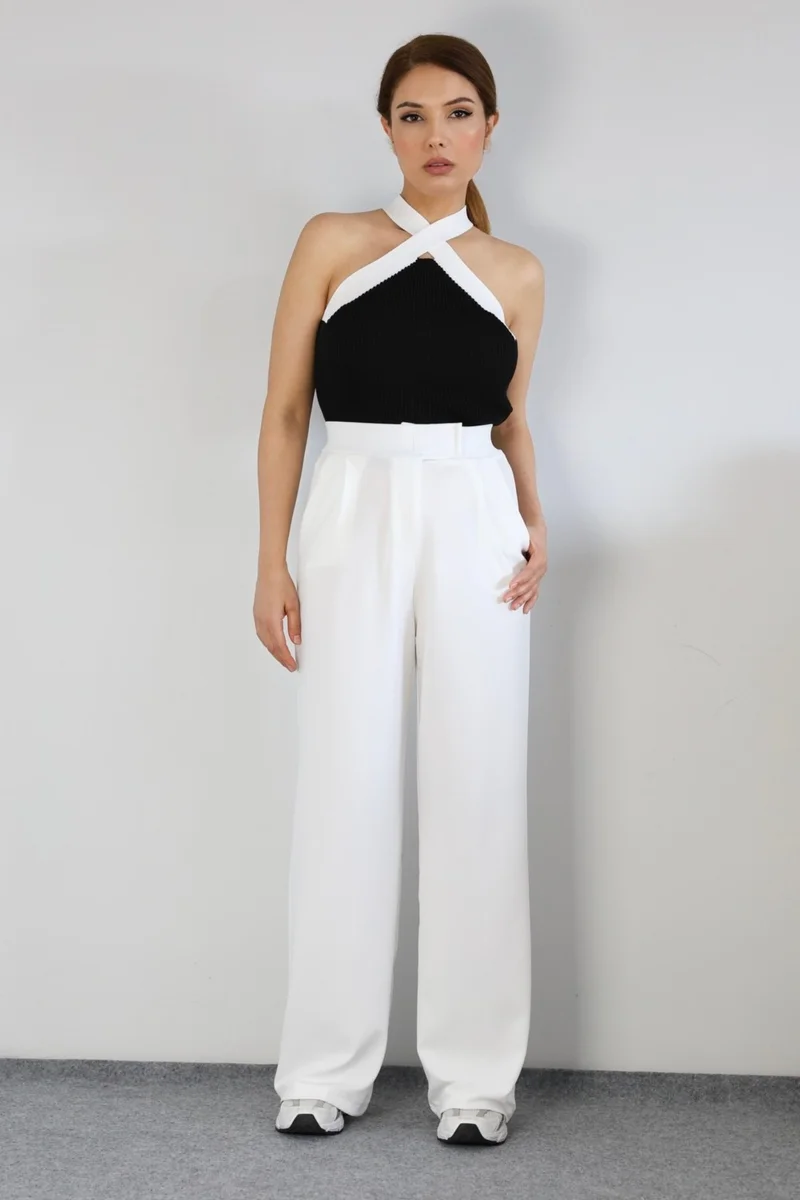 Ritnice Line Women's Lycra Velcro Closure White Palazzo Trousers