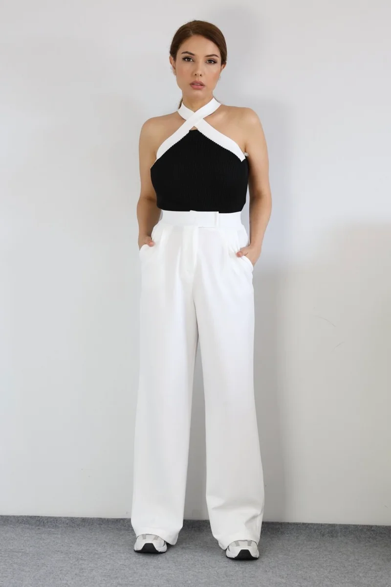 Ritnice Line Women's Lycra Velcro Closure White Palazzo Trousers