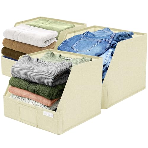 VIVIDECOR Open Front Trapezoid Closet Bins 12x12x10 Closet Shelf Organizer for Folded Clothes Easy Access Fabric Storage Baskets Light Beige 3 Pack - Image 1
