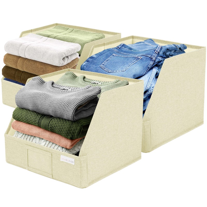 VIVIDECOR Open Front Trapezoid Closet Bins 12x12x10 Closet Shelf Organizer for Folded Clothes Easy Access Fabric Storage Baskets Light Beige 3 Pack - Image 2