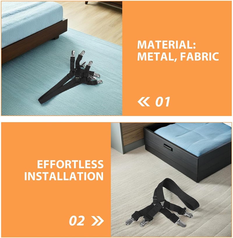 Zerodeko Adjustable Non-Slip Bed Sheet Retainer Straps with Clips, Elastic Bedsheet Fasteners for Fitted Sheets, Secure Mattress Holders for Home Bedding, 4pcs Black - Image 2
