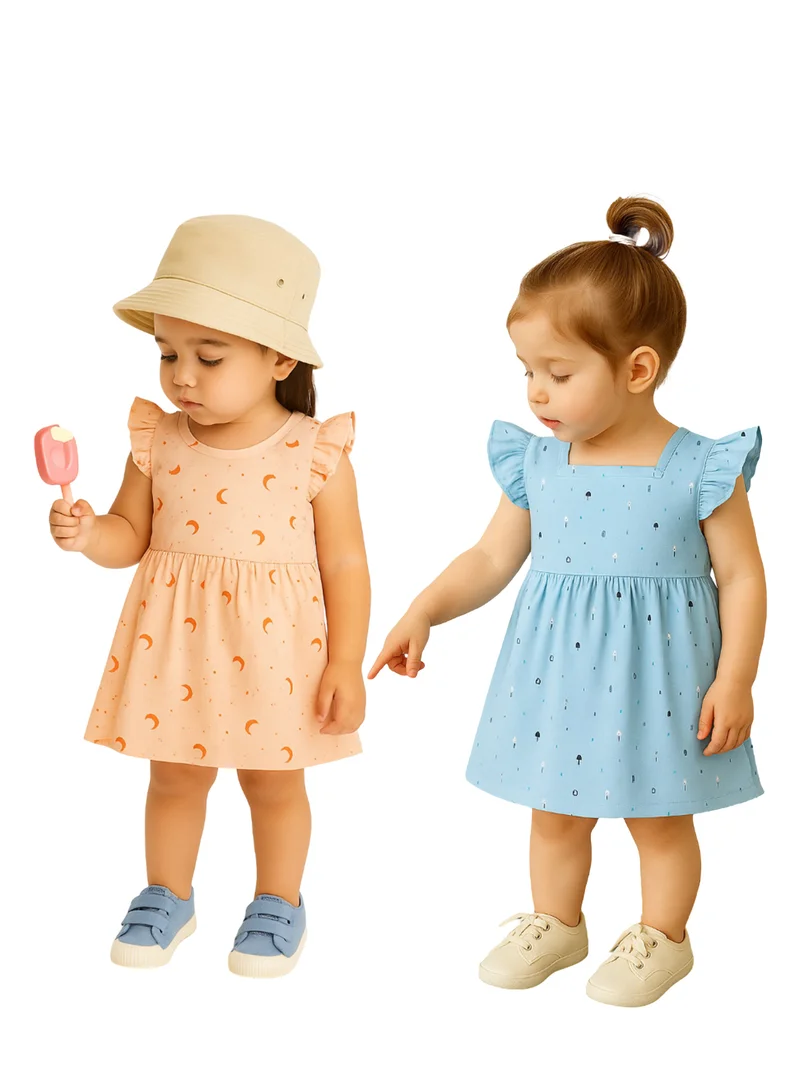 لؤي فستان LUAY للفتيات الصغيرات فائق النعومة مصنوع من الخيزران بنسبة 100% - فستان صيفي بأكمام مكشكشة للأطفال الصغار والرضع بألوان احتفالية، عبوة من قطعتين