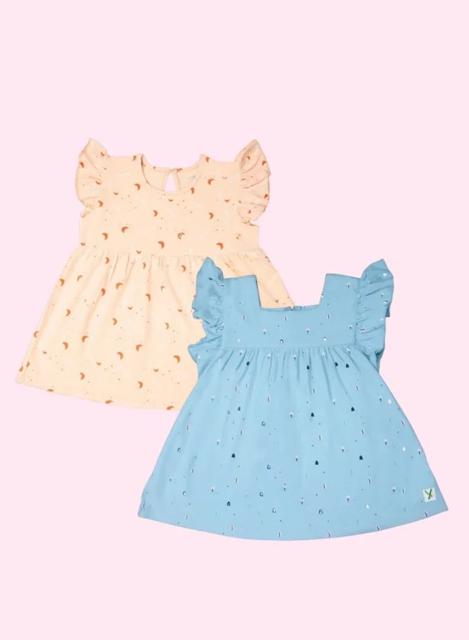 Luay peach and blue Ultra-Soft 100% Bamboo Baby Girl Dress Pack of 2 – Ruffled Sleeve Toddler Sundress, Breathable & Skin-Friendly, Festive Colors for Infants & Kids for Women | Best Price UAE