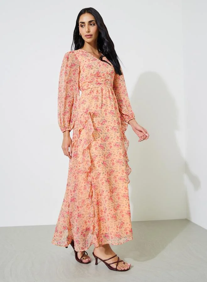 Multi-Color Floral Print Ruffle Details A-Line Maxi Dress
