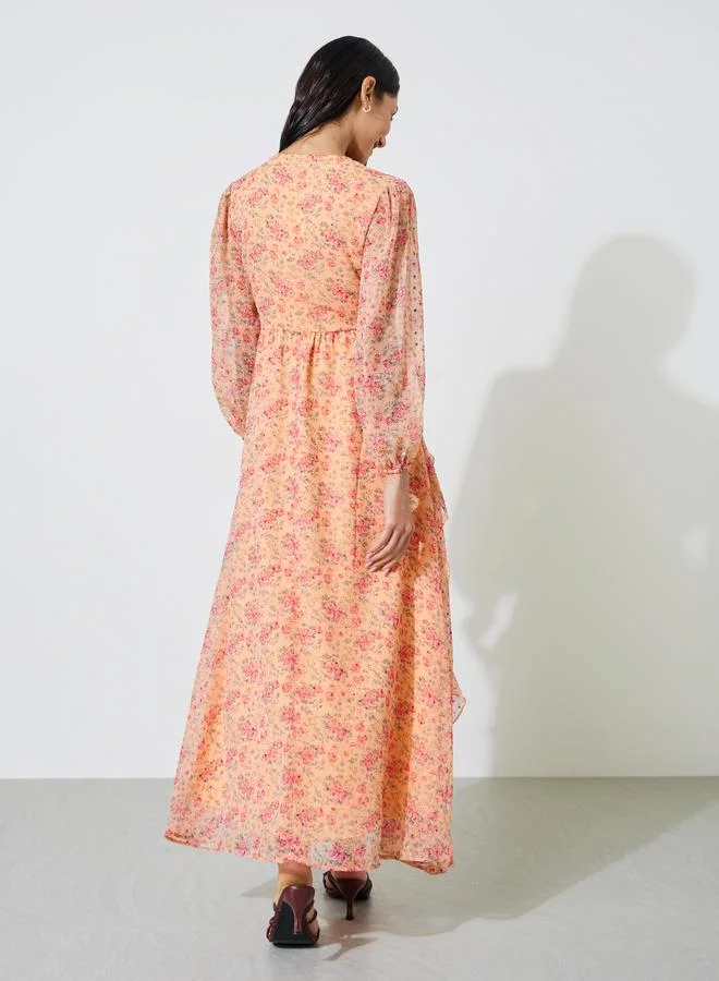 Styli  Multi-Color Floral Print Ruffle Details A-Line Maxi Dress for Women | Best Price UAE