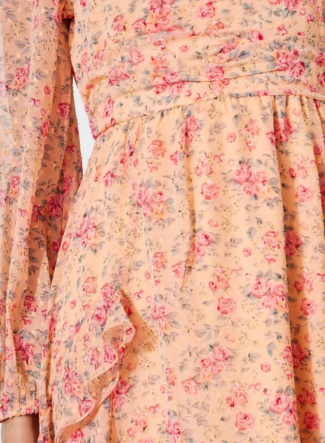 Styli  Multi-Color Floral Print Ruffle Details A-Line Maxi Dress for Women | Best Price UAE