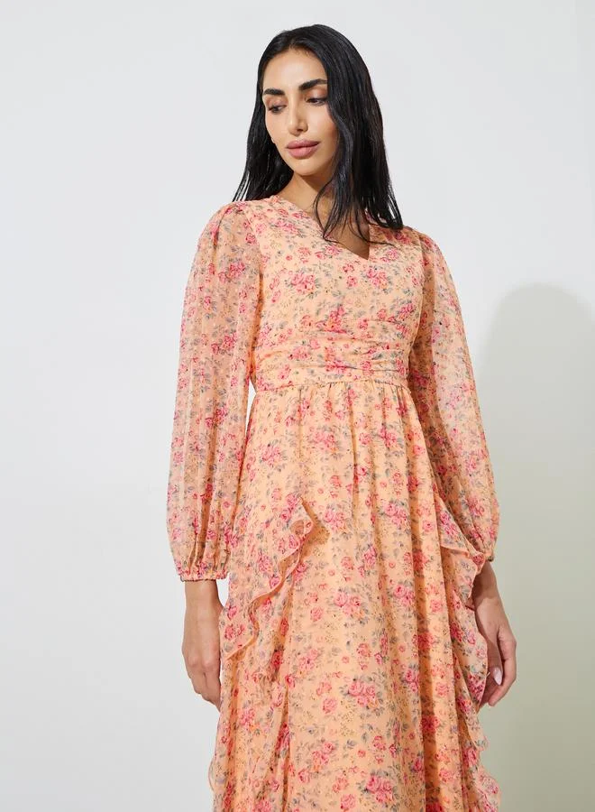 Styli  Multi-Color Floral Print Ruffle Details A-Line Maxi Dress for Women | Best Price UAE
