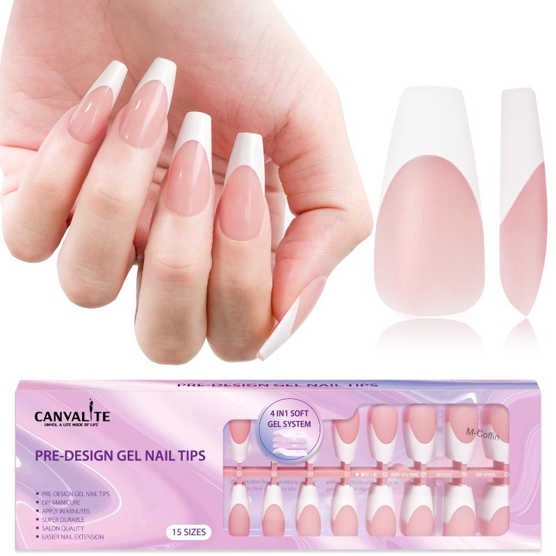 Canvalite French Tip Press on Nails Gel Nail Tips - 300Pcs Pre-Colored Quick and Easy Fake Nails with Designs Coffin Nails Tips Press on Nails Long DIY Nail Extensions, Pink White - Image 1