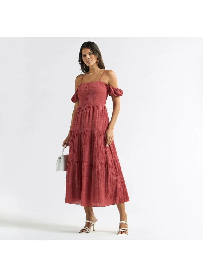 Splash FAV Textured Midi A-line Dress with Cold Shoulder