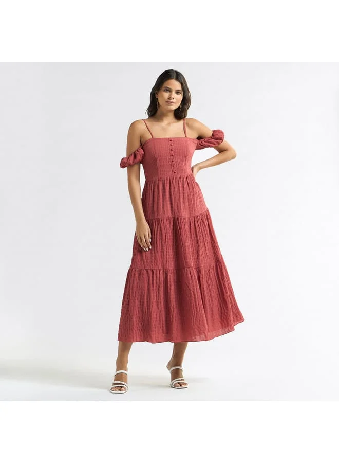 Splash FAV Textured Midi A-line Dress with Cold Shoulder