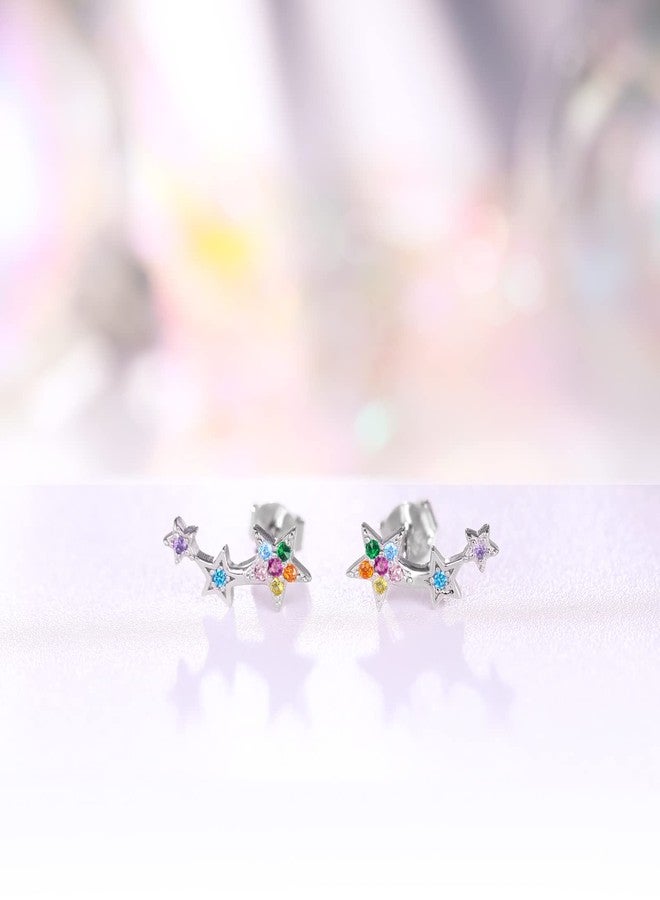 Qings 925 Sterling Silver Stars Earrings, colorful Cubic Zirconia Climber Earrings Hypoallergenic Stud Earrings for Women, Gift boxed - Image 3