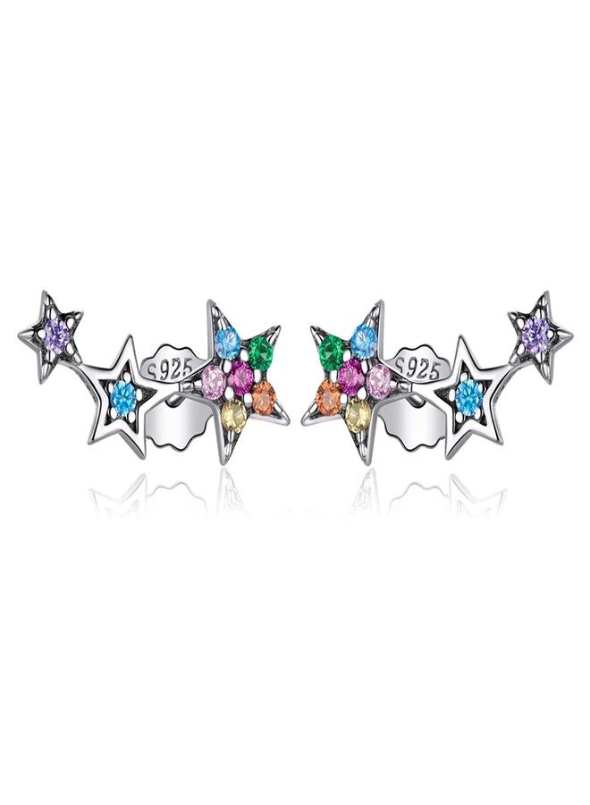 Qings 925 Sterling Silver Stars Earrings, colorful Cubic Zirconia Climber Earrings Hypoallergenic Stud Earrings for Women, Gift boxed - Image 1