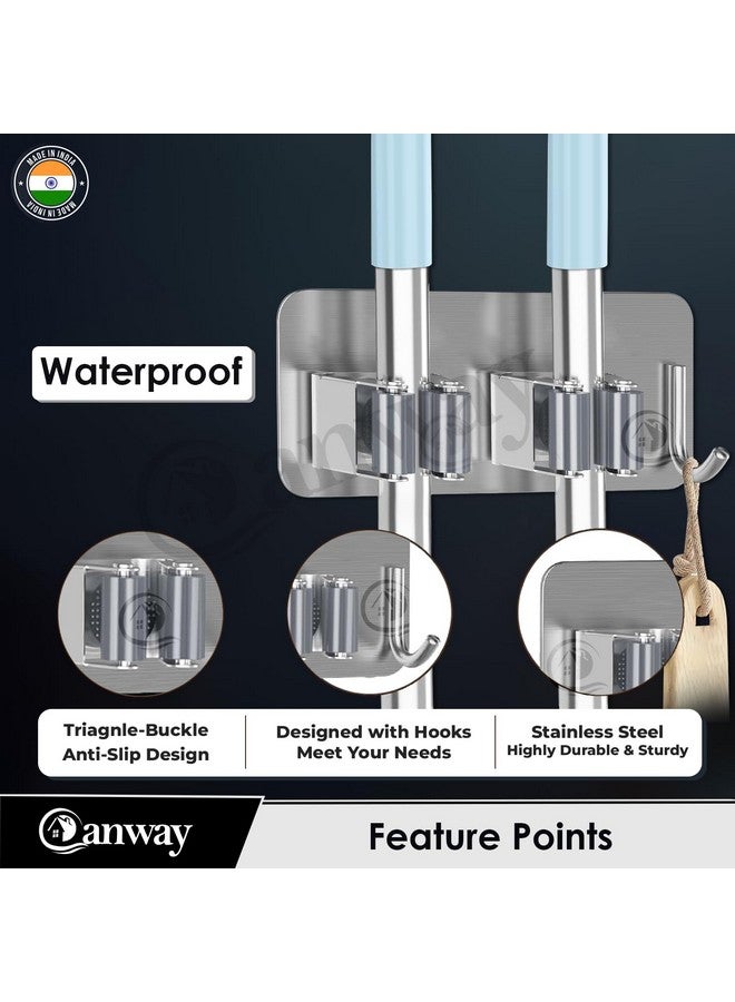 CANWAY® 2 Pieces Stainless Steel 2 Racks with 1 Hook Heavy Duty Wall Mounted Broom and Mop Stick Holder, Hanging Tools for Home Kitchen Garden Laundry Garage - Image 3