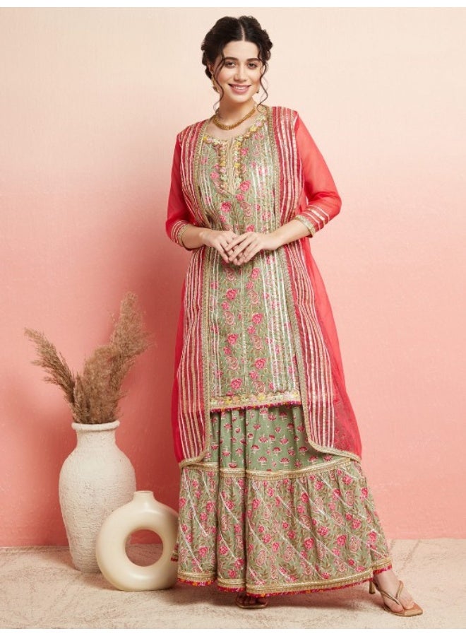 AKS Green & Pink Floral Printed Kurta & Skirt With Organza Jacket Set - Image 1