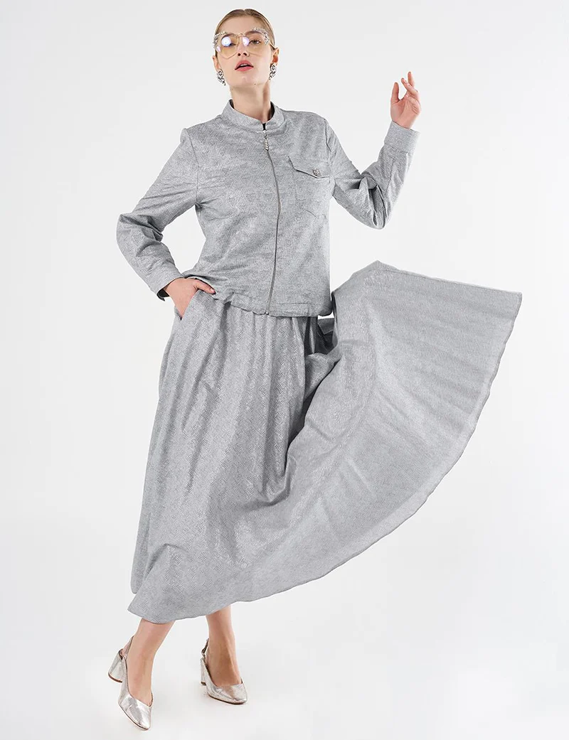 Kayra Jacquard Skirt Set with Shiny Stones in Dark Gray