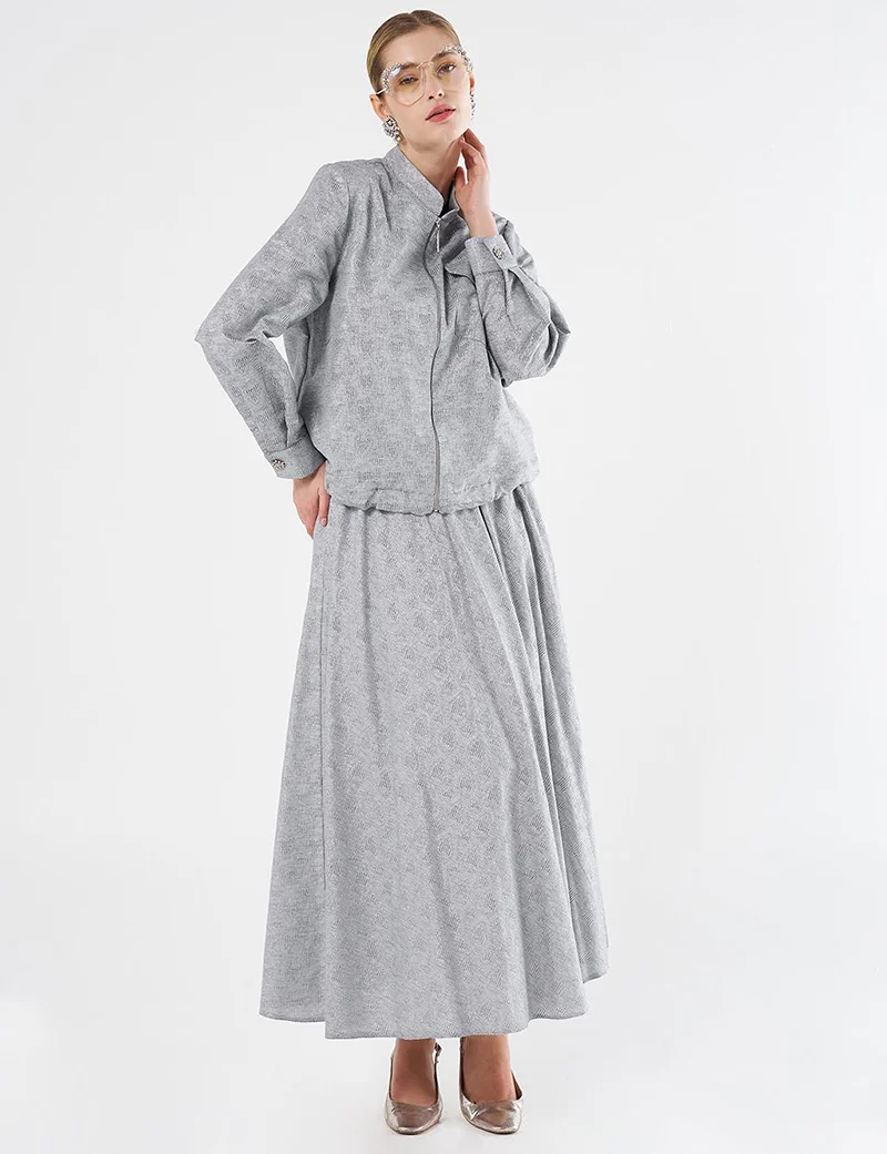 Kayra Jacquard Skirt Set with Shiny Stones in Dark Gray