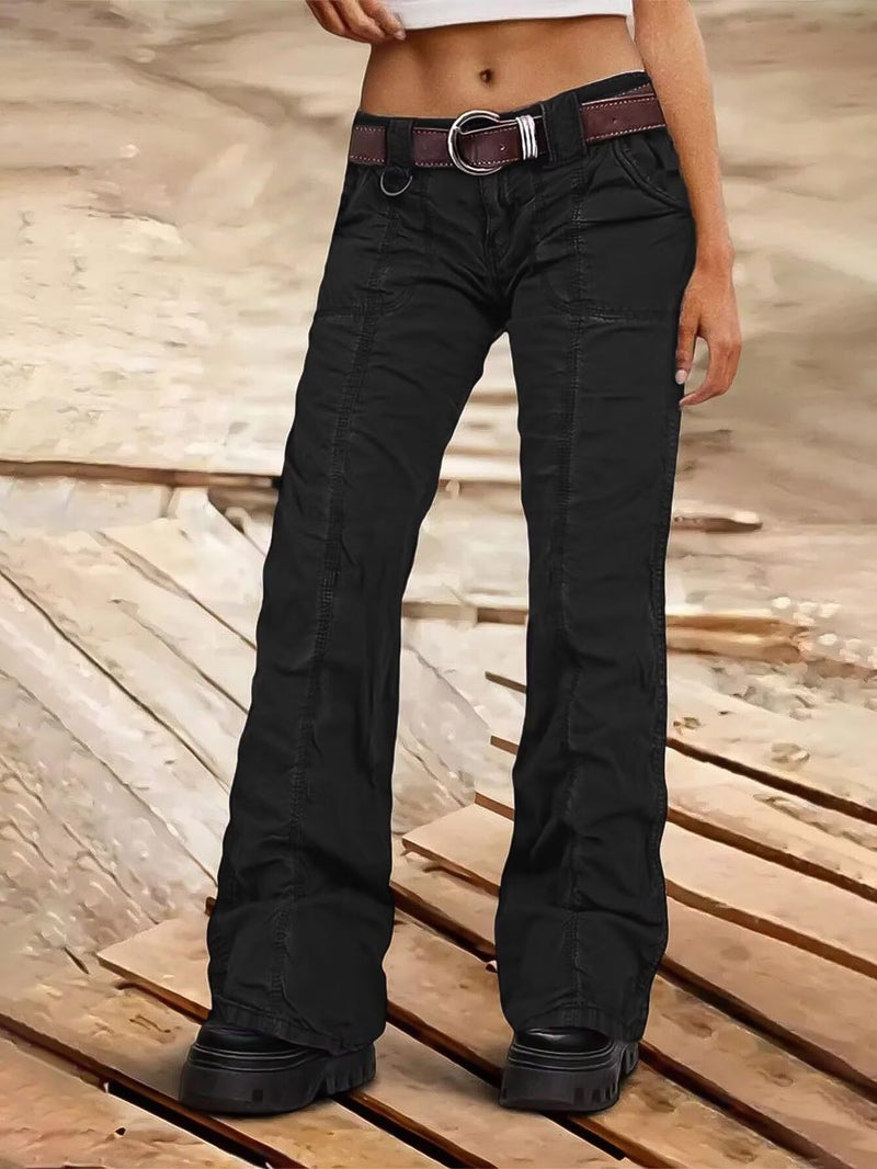 Flamingals Straight Leg Pants for Women Mid Rise Casual Cargo Solid Patch Pockets Stitch Detail Pants Black L - Image 5