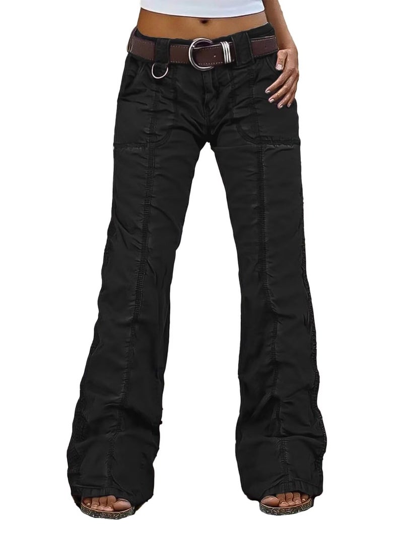 Flamingals Straight Leg Pants for Women Mid Rise Casual Cargo Solid Patch Pockets Stitch Detail Pants Black L - Image 1