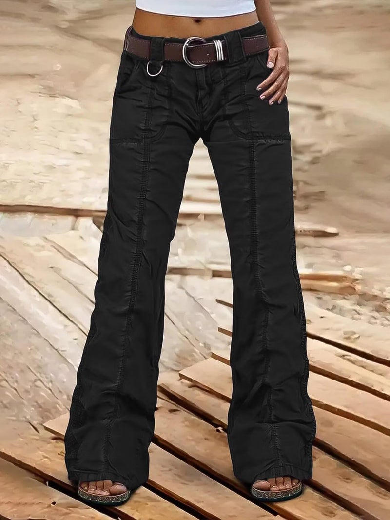 Flamingals Straight Leg Pants for Women Mid Rise Casual Cargo Solid Patch Pockets Stitch Detail Pants Black L - Image 3
