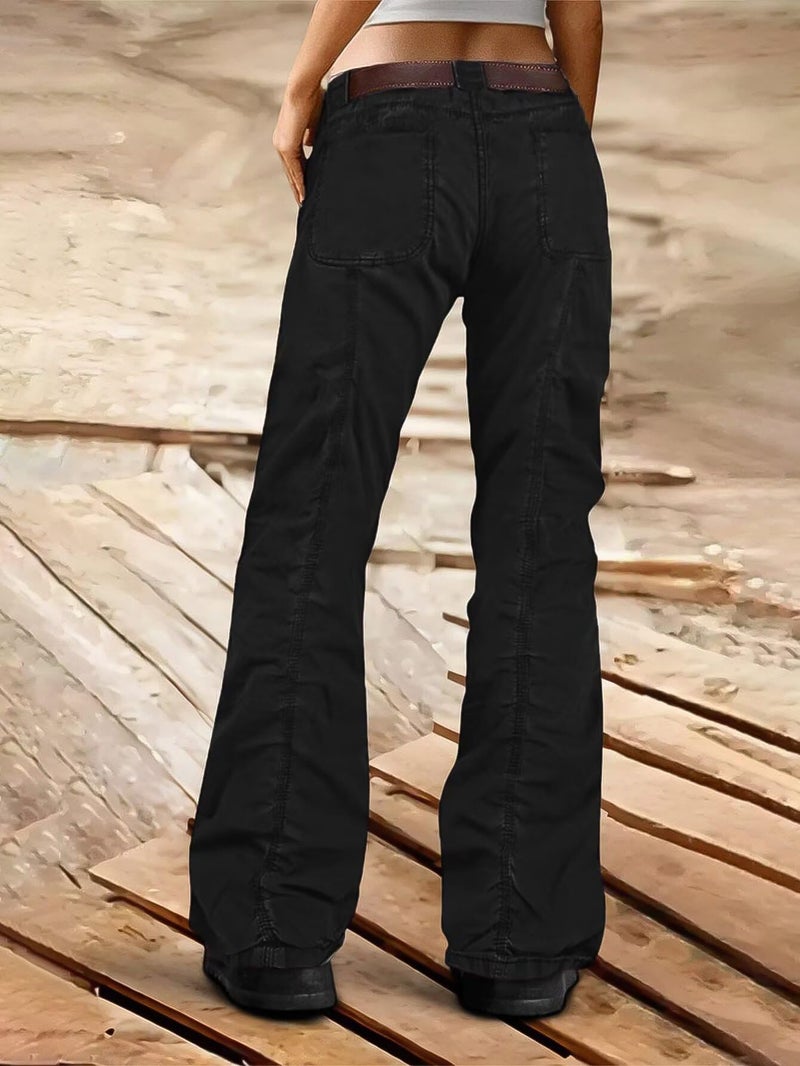 Flamingals Straight Leg Pants for Women Mid Rise Casual Cargo Solid Patch Pockets Stitch Detail Pants Black L - Image 4