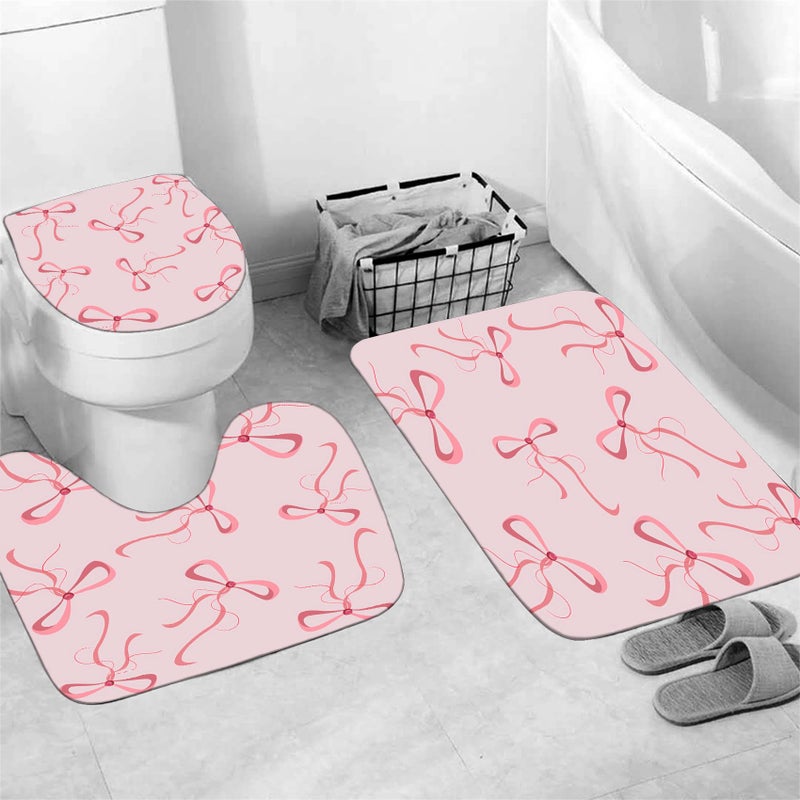 AZHM 4Pcs Pink Bow Shower Curtain Set Cute Bathroom Shower Curtains with 12 Hooks Bow Knot Aesthetic Bathroom Sets with Shower Curtain and Accessories - Image 3