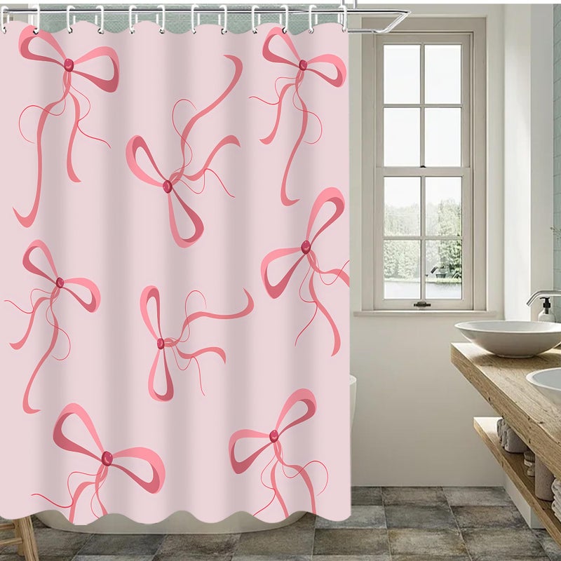 AZHM 4Pcs Pink Bow Shower Curtain Set Cute Bathroom Shower Curtains with 12 Hooks Bow Knot Aesthetic Bathroom Sets with Shower Curtain and Accessories - Image 2