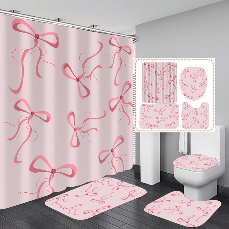 AZHM 4Pcs Pink Bow Shower Curtain Set Cute Bathroom Shower Curtains with 12 Hooks Bow Knot Aesthetic Bathroom Sets with Shower Curtain and Accessories - Image 1