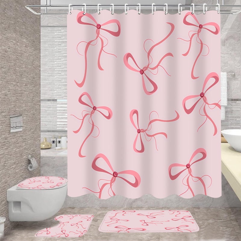 AZHM 4Pcs Pink Bow Shower Curtain Set Cute Bathroom Shower Curtains with 12 Hooks Bow Knot Aesthetic Bathroom Sets with Shower Curtain and Accessories - Image 4