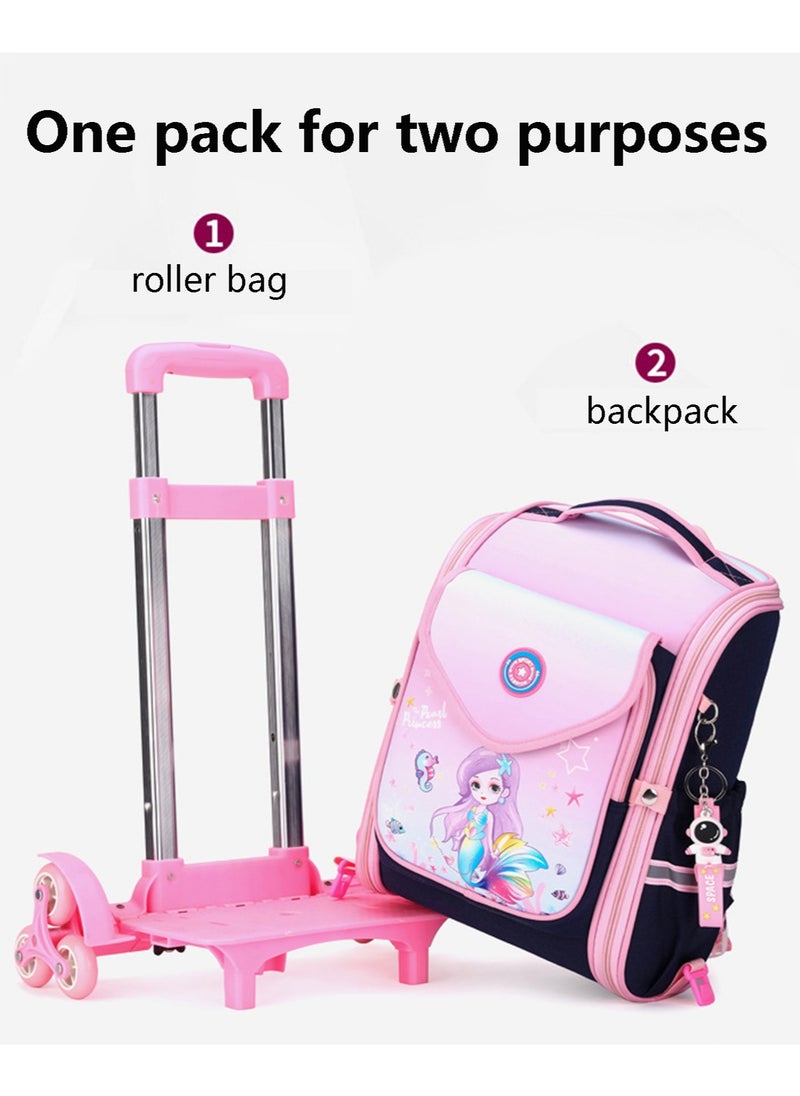 Generic Kids Trolley Backpack Wheeled Schoolbag, Mermaid Print Rolling School Bag for Girls Students  - Image 3