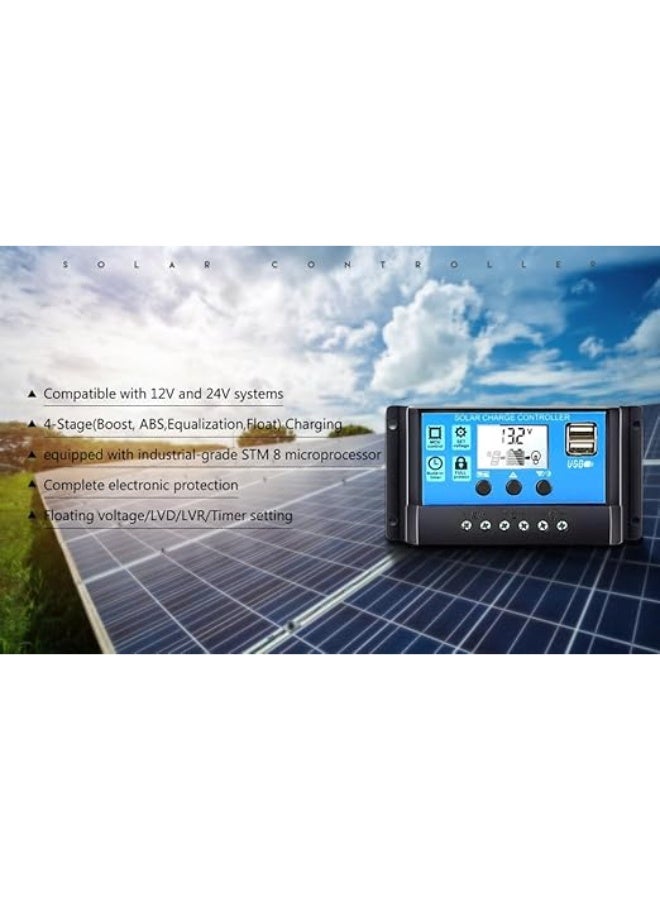 100A Solar Charge Controller 12V/24V with Timer – Automatic MPPT/PWM Solar Battery Charging Regulator, LCD Display, Dual USB Output for Solar Panels, Batteries, RV, Car, Boat & Off-Grid Systems - Image 3