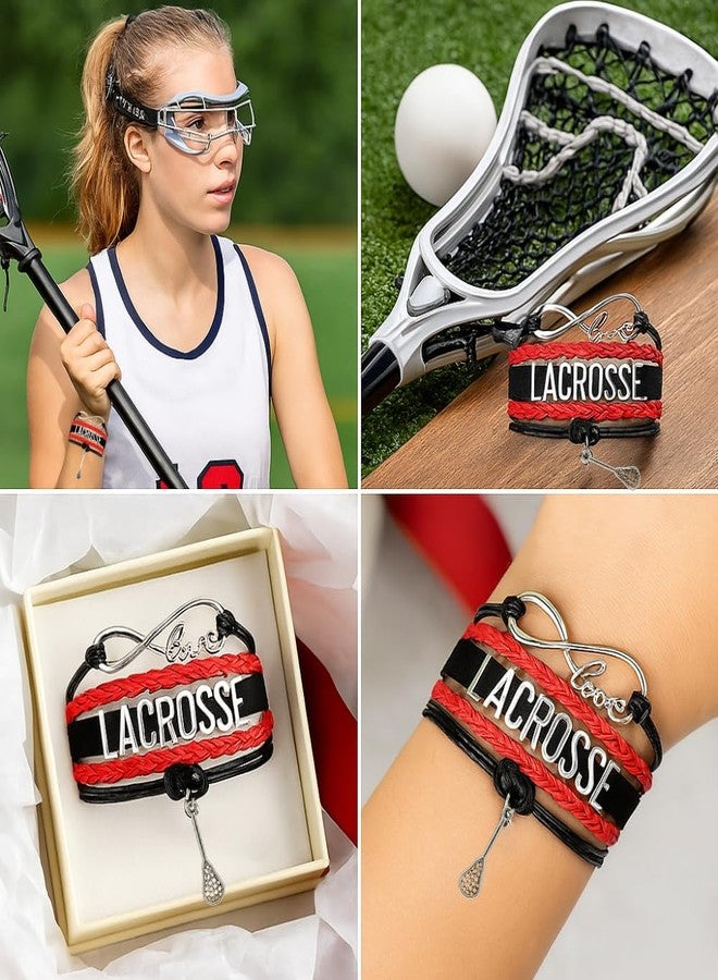 إنفينيتي كوليكشن أساور سبورتي بيلا لاكروس - سوار قابل للتعديل مزين برمز اللانهاية وتعليقة فضية. أساور صداقة لاكروس، هدية مثالية للاعبين والفرق والمدربين. (أحمر/أسود) - Image 2