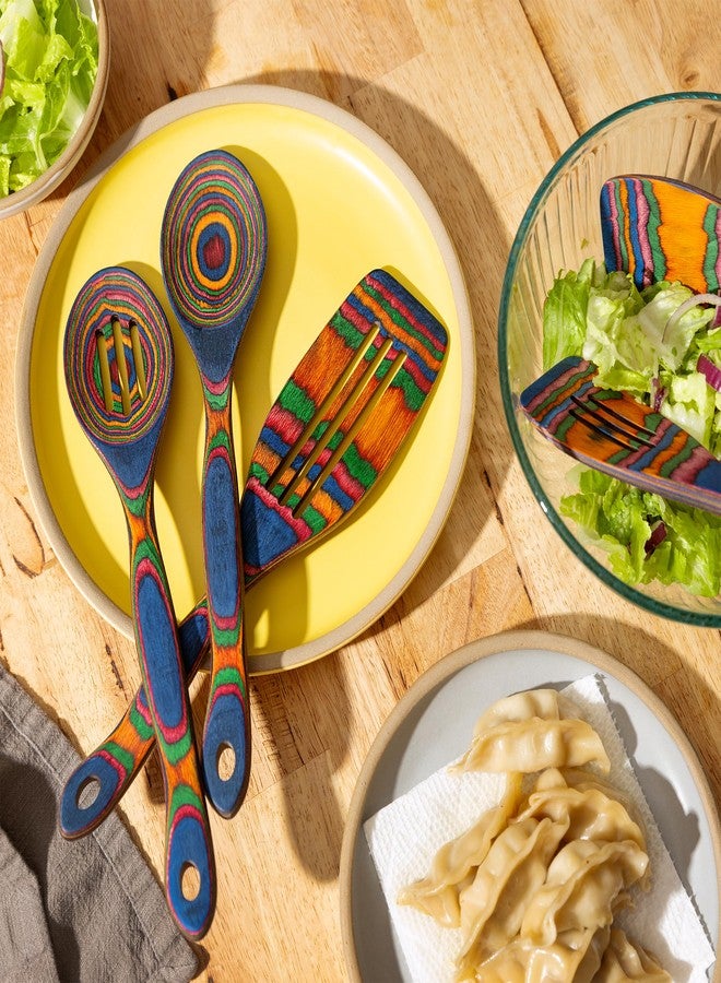 Home Beets طقم أدوات طبخ خشبية مكون من 5 قطع - ملاعق خشبية للطبخ - أدوات خشبية متينة للطبخ والتقديم - مقبض مريح وغير لاصق (أزرق قوس قزح) - Image 4