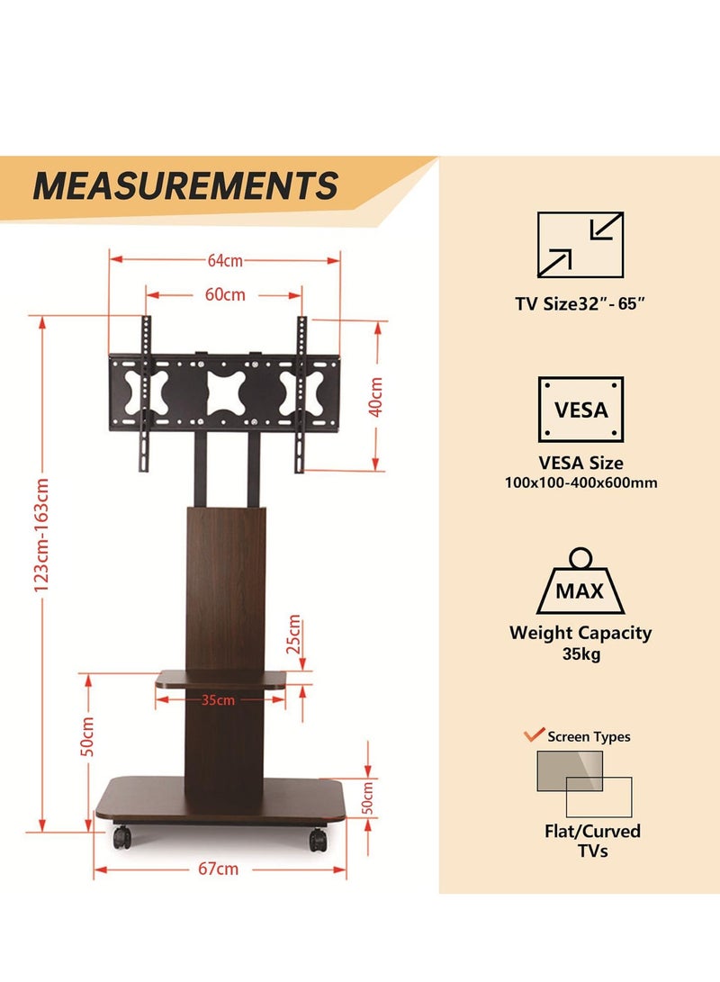 DMG TECH Mobile TV Cart with Lockable Wheels (35KG Load) - Height Adjustable 123-163cm for 32-65" TVs, VESA 600x400, Bedroom/Living Room/Office - Image 3