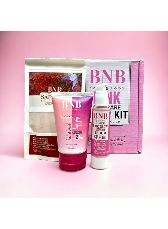 BNB Pink Glow Kit Toneup Facewash Saffron Mask Pink Glow Sunscreen Spf 60